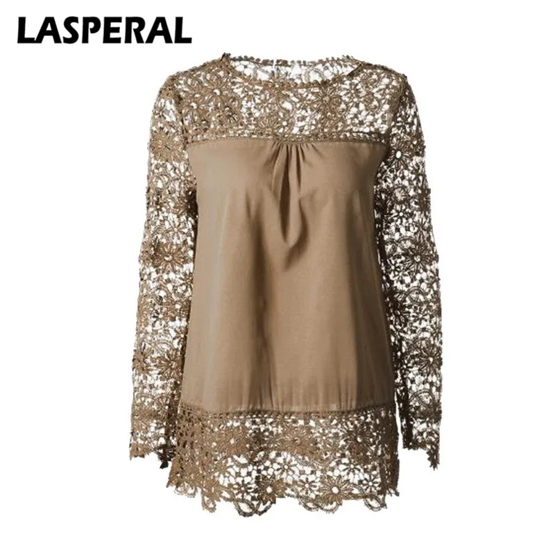 

LASPERAL Women Shirts Fashion Long Sleeve Chiffon Blouse Top Female Sexy Lace Hollow Out Floral Spring Womens Clothing Plus Size