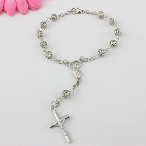 Catholic Jewelry 6mm Metal Hollow Ball Beads Cross Rosary Bracelet
