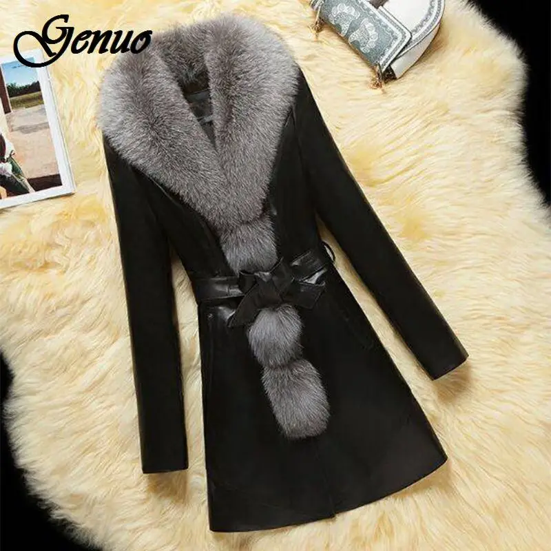 

2019 Spring Leather Faux Fur Coat Women Plus Size Long Jacket Female Casual Faux Fox Fur Collar Outerwear 4XL Overcoat