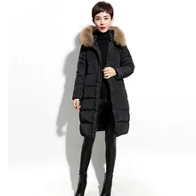 Тонкий Для женщин зимнее пуховое пальто с капюшоном с меховой отделкой пуховик Зимнее пальто теплый пуховик плюс Размеры