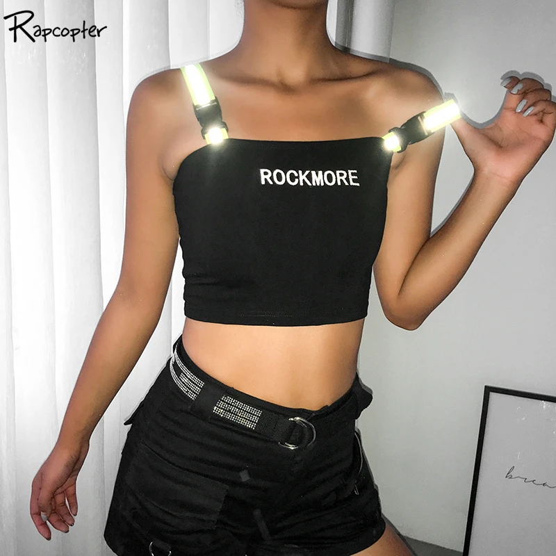 

Rapcopter Sleeveless Reflective Ribbon Casual Women Tank Top Backless Letter Printed Backless Summer Cropped Top Cotton Harajuku