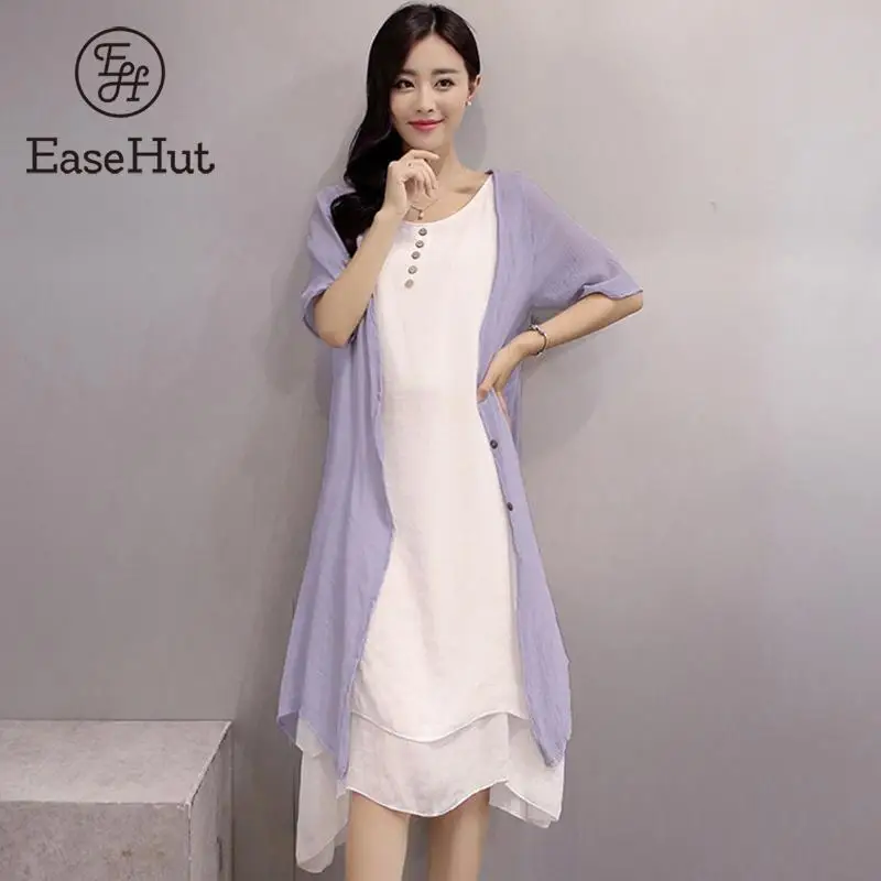 

EaseHut Elegant Women Two Piece Set Dress Vintage Casual O-Neck Midi Dress Tank Sundress Cardigan Sets Vestido Plus Size 4XL 5XL