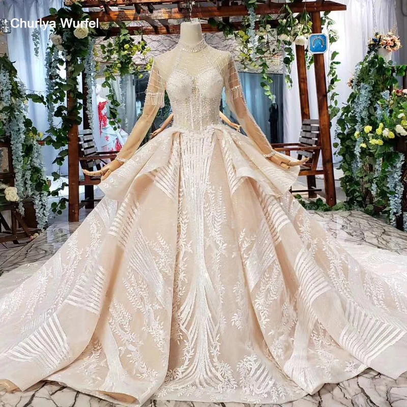 

HTL608 2019 dubai luxury wedding dress long sleeve high neck illusion lace wedding gowns with train vestidos de novia vintage
