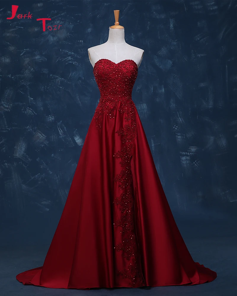 

Jark Tozr Vestido De Noiva Princesa Beading Appliques Red Satin Luxury A-line Real Picture Wedding Dress 2019 Robe De Mariee