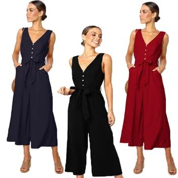

Women spaghetti strap wide legs Jumpsuit V-neck Romper Trousers Party Summer Loose Romper