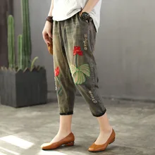 QPFJQD винтажные женские джинсы с вышивкой, эластичная талия, 3D Цветы, лоскутные шаровары, женские повседневные джинсовые штаны на весну и лето