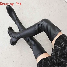 Krazing Pot – bottes en cuir 2020 véritable à bout rond, extensibles, talons épais, superstar, jambes fines, cuissardes hautes, L3f1