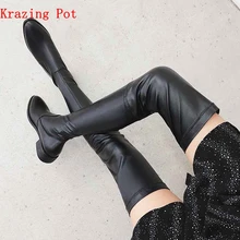 Krazing Pot 2022 genuine leather round toe stretch over-the-knee boots thick heels superstar wear thin leg thigh high boots L3f1