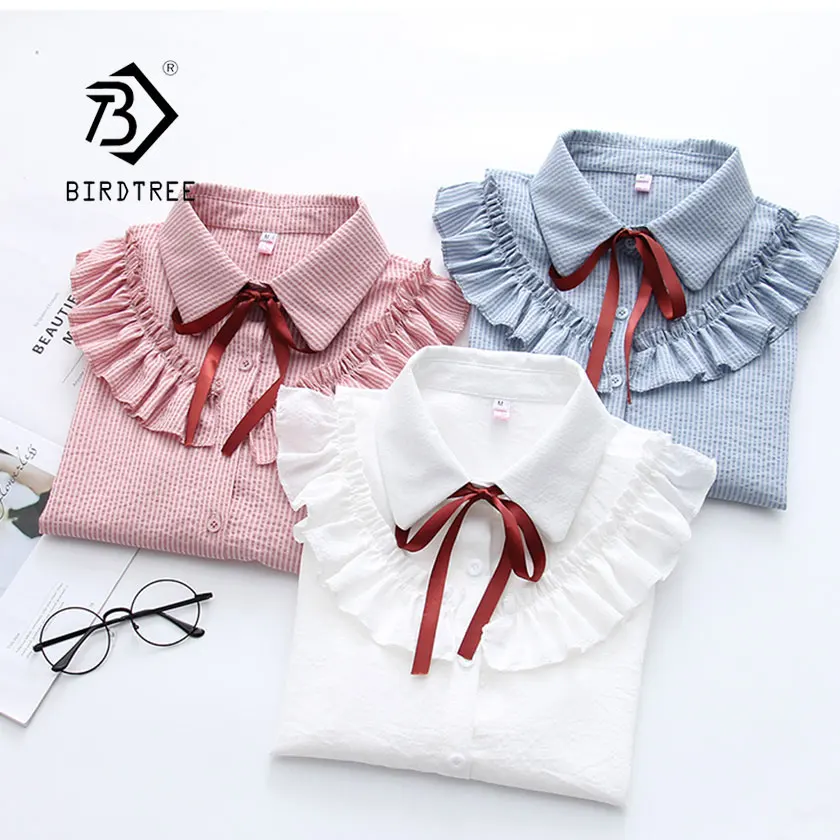 

2019 Woman Striped Shirt Single Breasted Ruffles Turn down Collar Long Sleeve Chiffon Blouse Lace Up Bow Feminina HOT T8D407Z