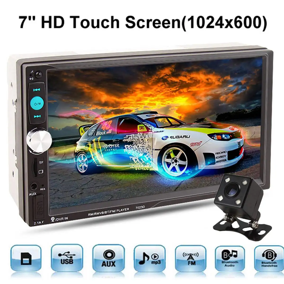 

7023D 7inch Touch Screen Car MP5 Stereo DVD Player 2 Din Bluetooth FM Radio Card Reader Hands-free Call + Rearview Camera