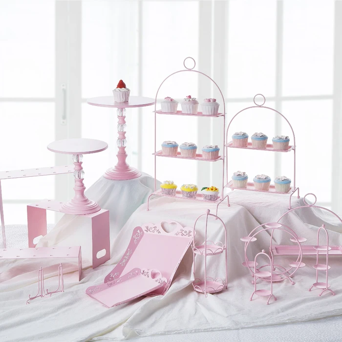 

Pink Sweet Dessert Table Supplier Baker Showcase Cake Stand Wedding Props Decoration Tools Hollow Lace Tray Dessert Candy Bar