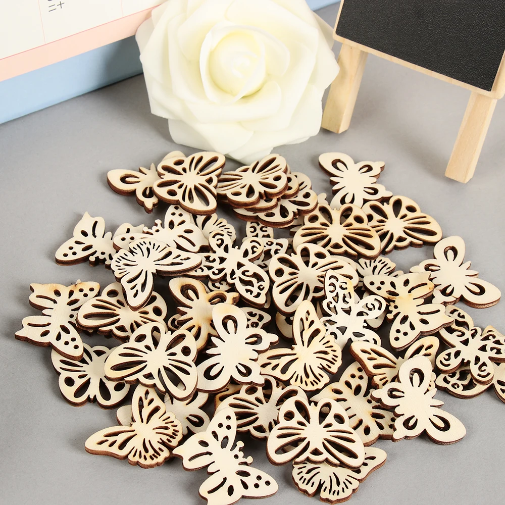 50PCS/Pack DIY Craft Wood Blank Butterfly Pattern Embellishments Wood Color Wedding Love Tags String Hanging Pendants