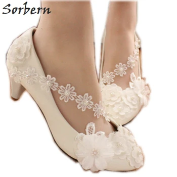 

Sorbern White Lace Flower Bridal Shoes Beaded Slip On Winter Style Ladies Shoes Low Heel Pumps Bridesmaid Shoe Evening Party
