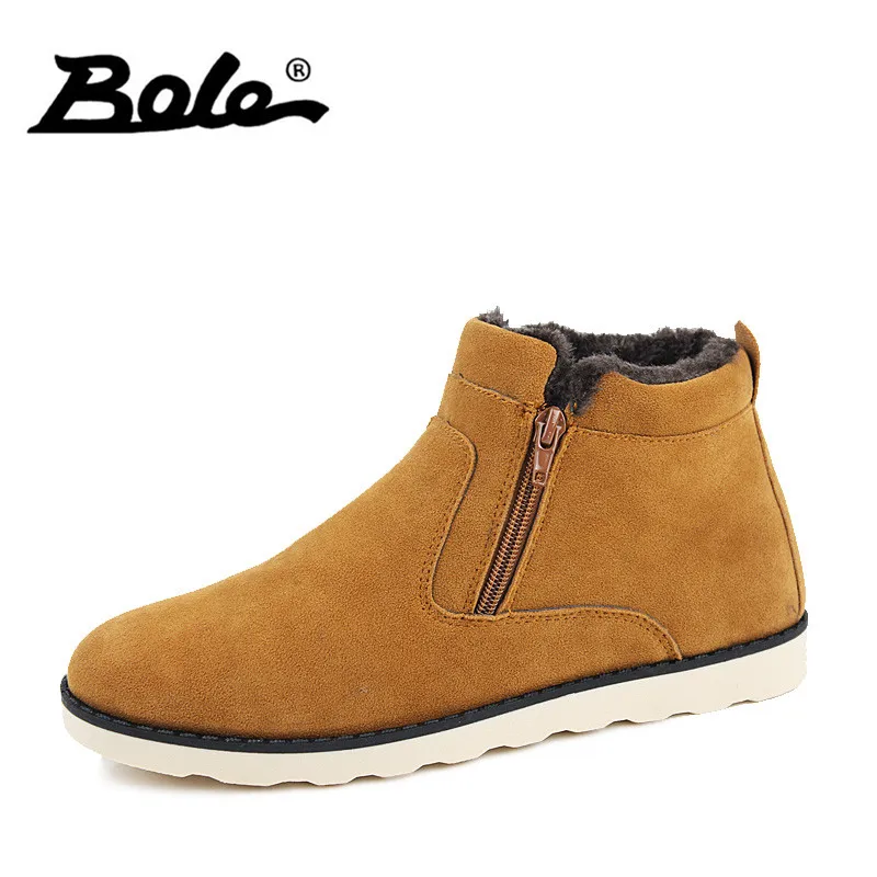 

BOLE Fashion Flock Men Snow Boots Winter New Slip on Men Ankle Boots Flats Warm Men Cotton Boots Plus Fur Causal Shoes