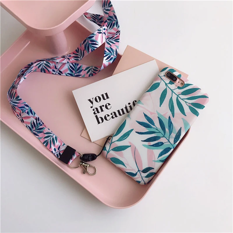 

Summer Fresh Leaf Case with Strap Lanyards for iPhone XS MAX XR XS X Leaves Case for iPhone 7 8 plus 6 6s 6 plus TPU Funda