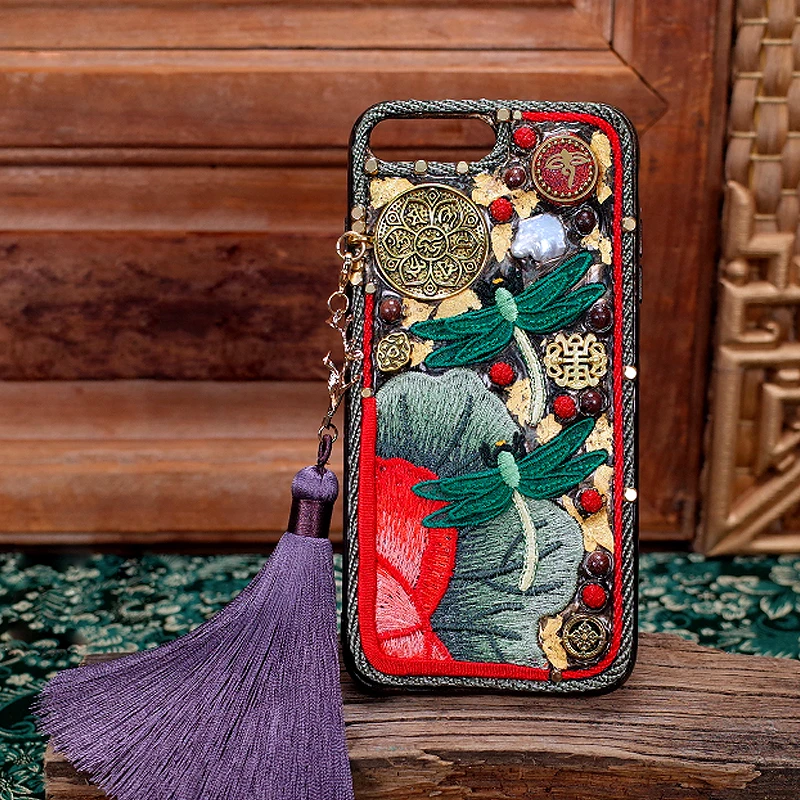 

For Iphone 6s Case Handmade Embroidery Metallic Dragonfly Animal Floral Patterned 5.5 Inches Limited Edition for Iphone 7 Case