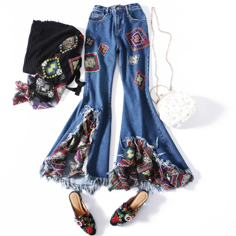 

2018 Female Summer Jeans Skinny Flare Pants Embroidery Patchwork Spliced Ankle-Length Pants Tassel Fringed Slim Jeans Women
