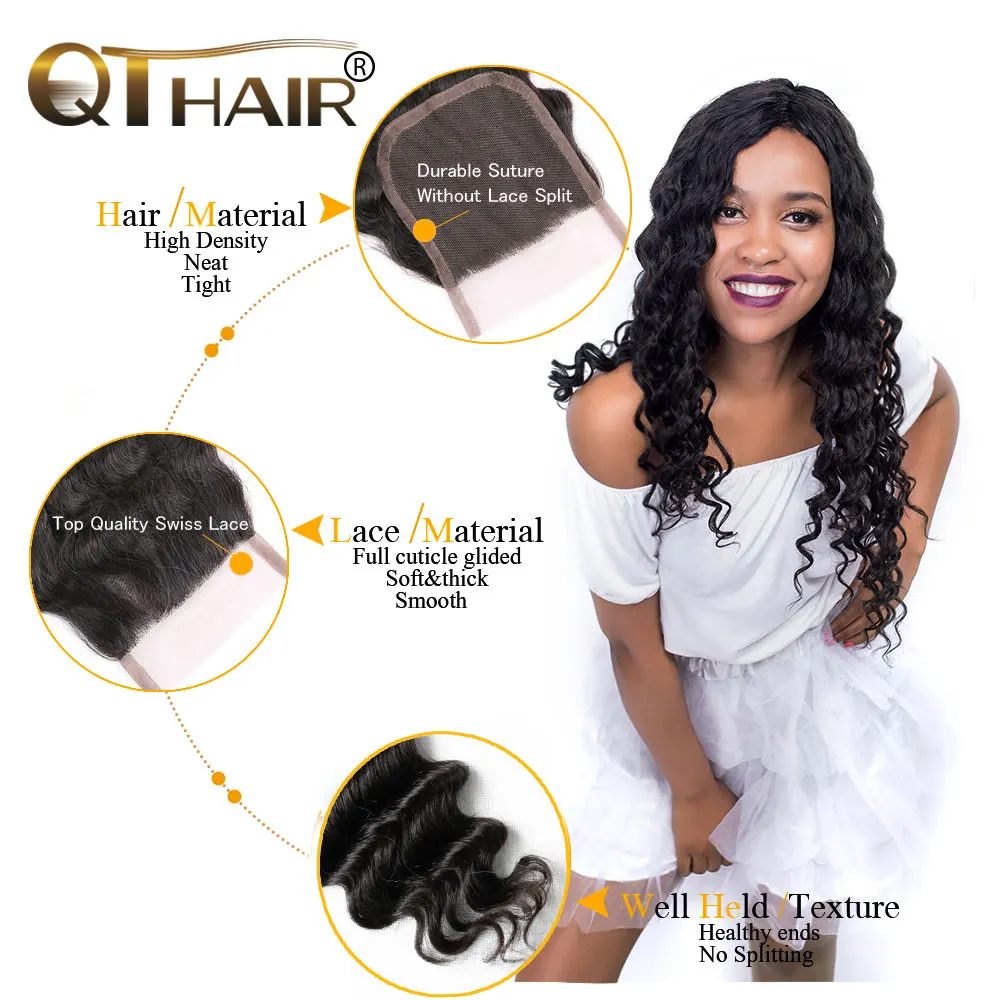 Fechamento do Laço do Cabelo Fechamento Profundo Solto Brasileira Mais Onda Laço Suíço Parte Livre Humano Remy Naturais Cor Frete Grátis qt 4*4 8 Cheap Fechos