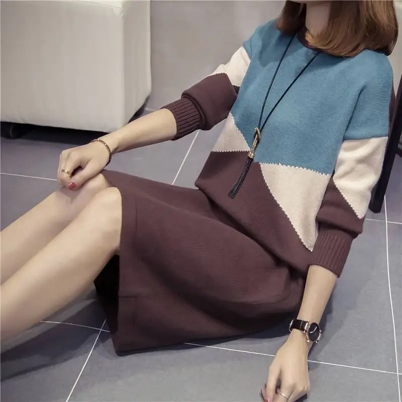 

Plus Size 3XL Women Autumn Winter Knitted Pullovers Dress Female Patchwork Loose Casual Sweaters Dresses Ladies Knitwear Tops D9