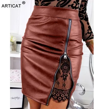 

Articat 2020 Women Vintage Pencil Skirts Summer Sexy PU Leather Split Bodycon Skirts Ladies Solid Black Zipper High Waist Skirts