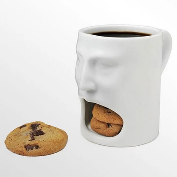 Face Mug Ceramic Coffee Cup Side Cookie Biscuit Pocket Holder Milk