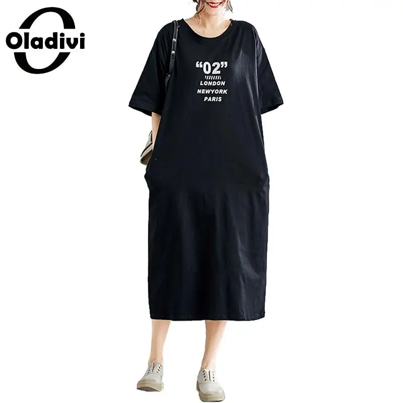 

Oladivi Plus Size Women Clothing Letter Print Casual Summer Dress Lady Short Sleeve Cotton Midi Dresses Female Vestidos 2 Colors