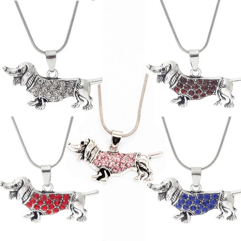 Lovely Dachshund Weenie Dog Breed Crystal Charm Silver Chain Necklace