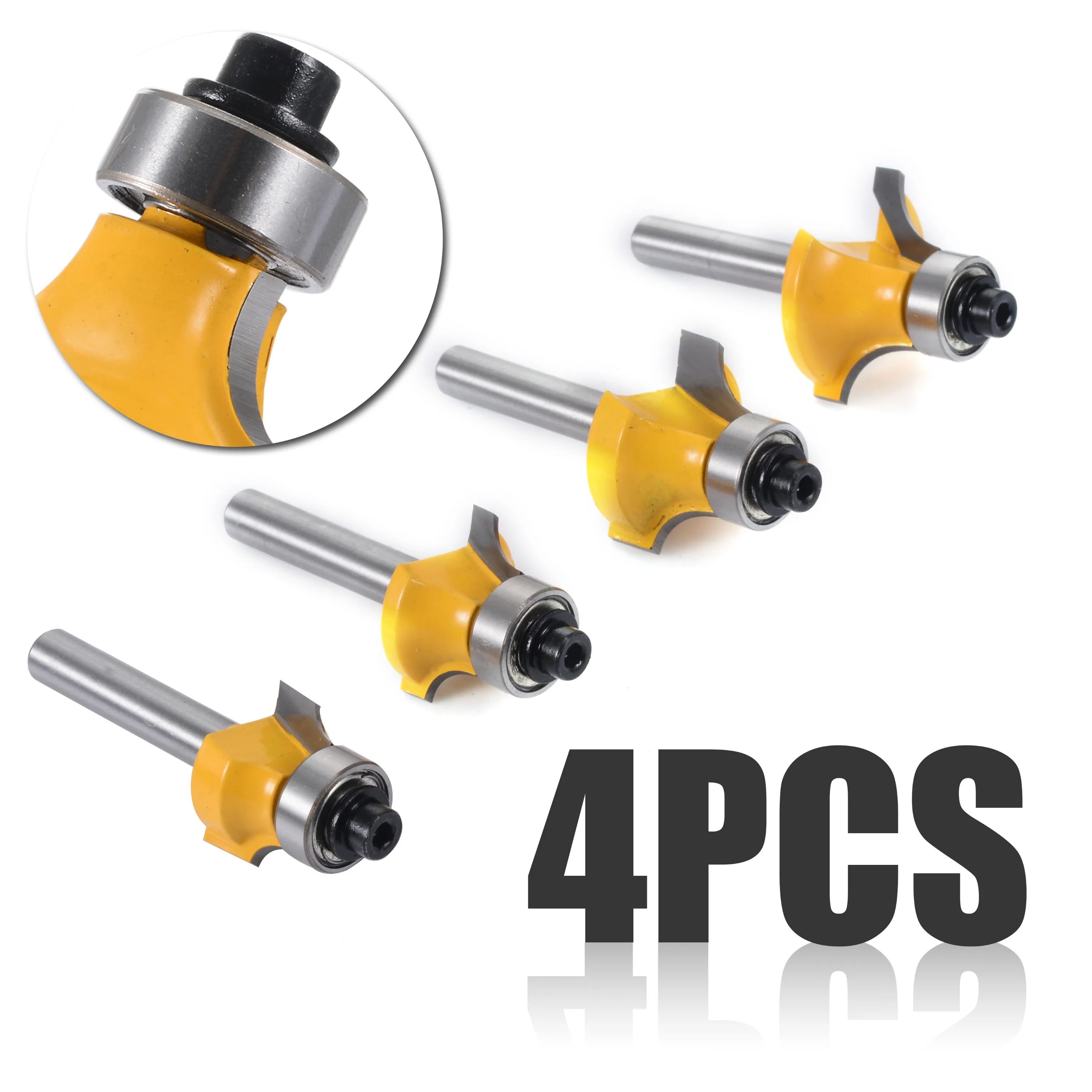 4pcs 1/4" Shank Round Over Router Bit Set 1/2" 3/8" 1/4" 1/8" Radius for Wooworking Cutter Tool