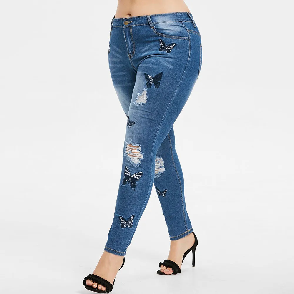 Женские джинсы, модные обтягивающие джинсы, женские удобные джинсы со средней талией, Стрейчевые штаны с вышитыми бабочками, рваные джинсы для женщин