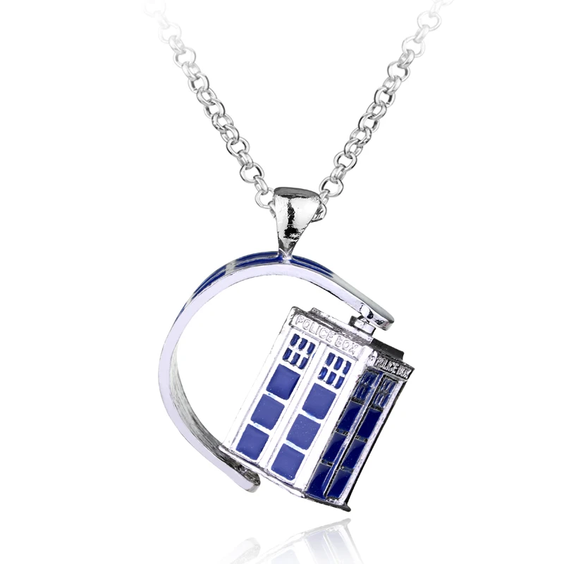 Винтажное ожерелье Dr Who вращающееся в полицейской коробке синее с кулоном