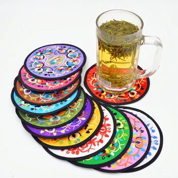 

Vintage Embroidery Round Cup Coaster Pad Chinese style Table Coaster Tea Decorative Fabric Coasters Wedding Favor 2pcs/lot