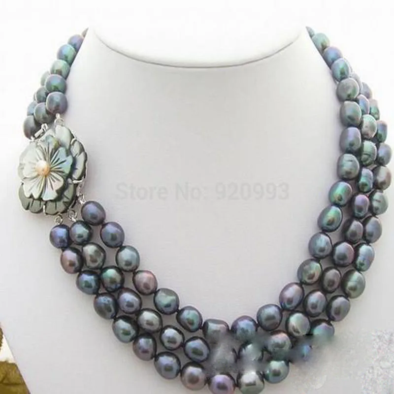 

Jxryxrth 2017 New Women's Fashion 3Strds Black Baroque Pearl Necklace- Flower Clasp gift AAA"A3265