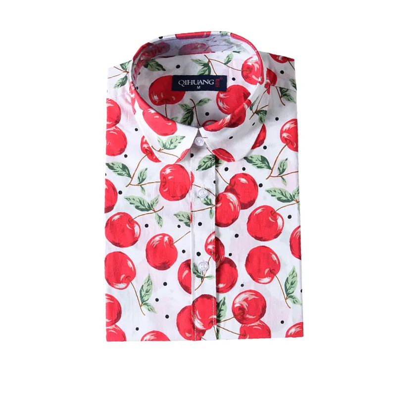 QIHUANG женская блузка с цветочным принтом, рубашка с коротким рукавом, летняя одежда из хлопка размера плюс, женская рубашка - Цвет: Cherry