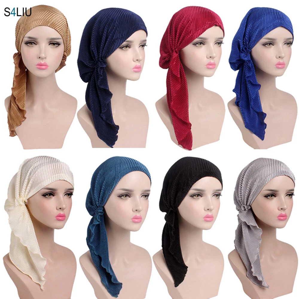 

Muslim Women Cotton Hair Loss Cancer Chemo Cap Turban Beanie Islamic Head Wrap Long Tail Ruffle Pre-tied Bandana Tichel Headwear