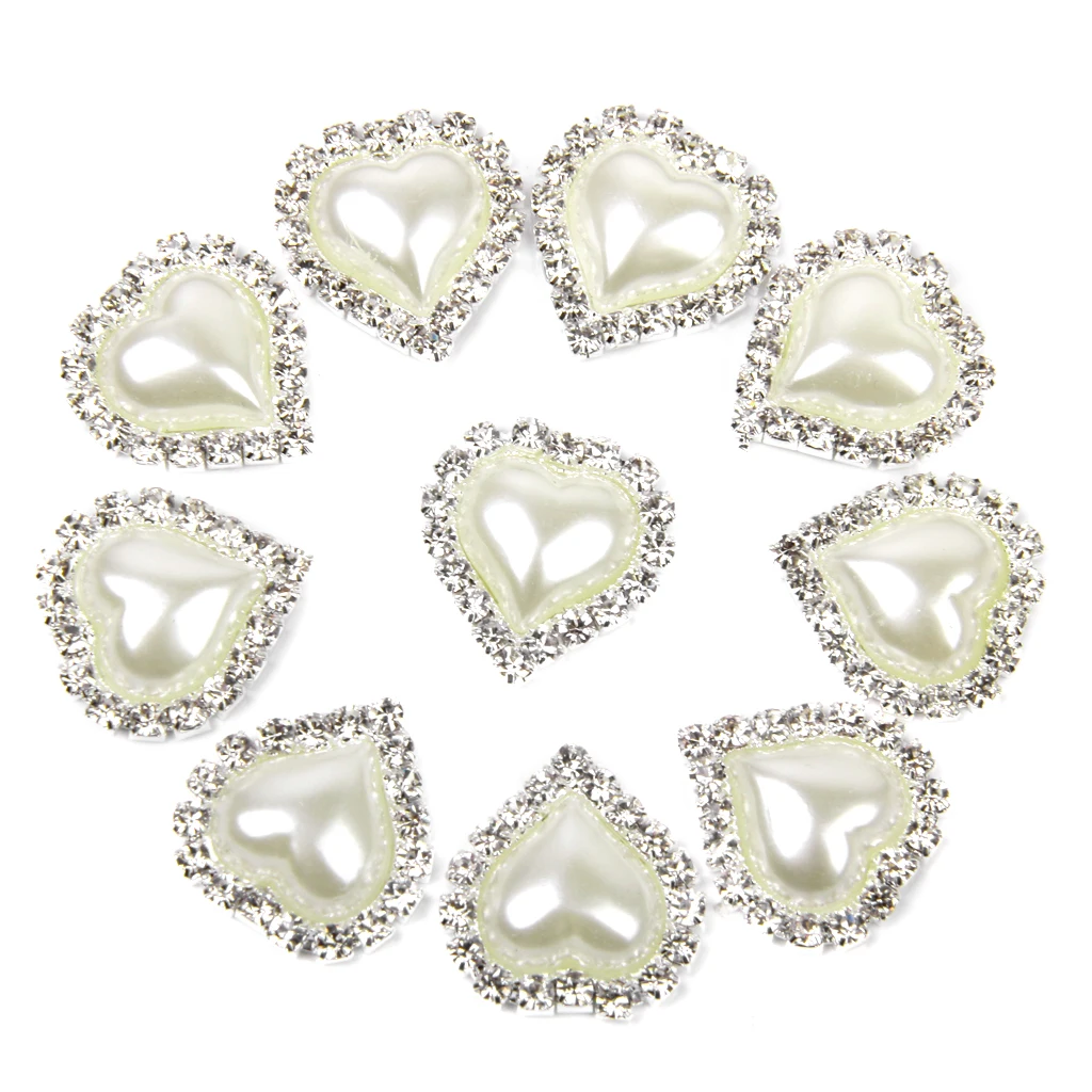 10pcs Heart Crystal Beige Faux Pearl Button Flatback Embellishment 20mm x 25mm