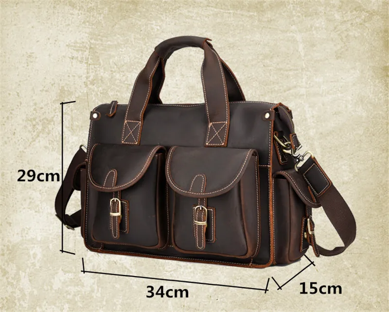 PNDME high quality crazy horse cowhide men's briefcase vintage designer simple multi pocket genuine leather office laptop bag