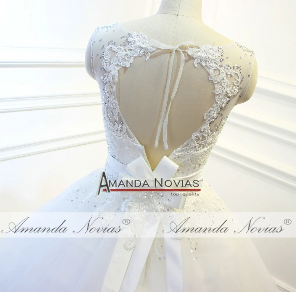 Robe mariage cap Sleeve кристалл лук пояс Кружева свадебное платье с аппликацией