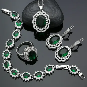 

Silver 925 Jewelry Sets For Women Natural Green Cubic Zirconia Earrings Pendant Necklace Ring Bracelet For Women Jewelry Kits