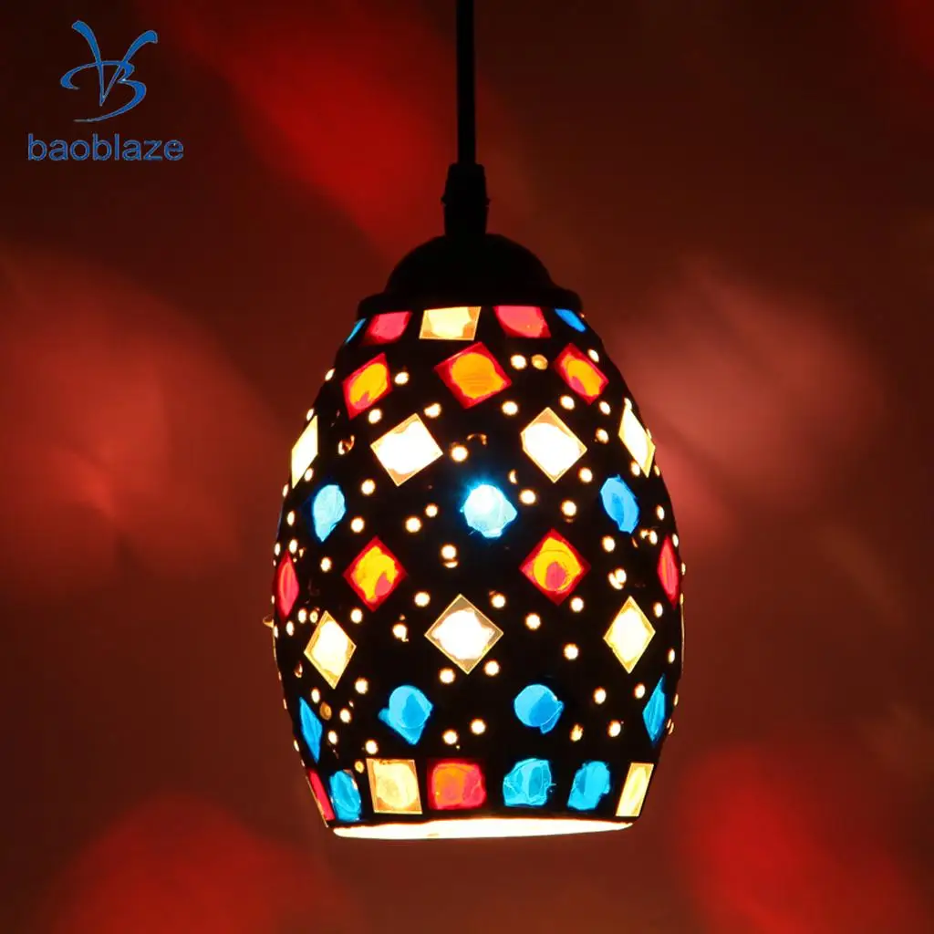 Vintage Retro Mosaic Style Multicolour Pendant Light Bulb Cage Ceiling Hanging Lampshade Home Bar Cafe Restaurant Decoration