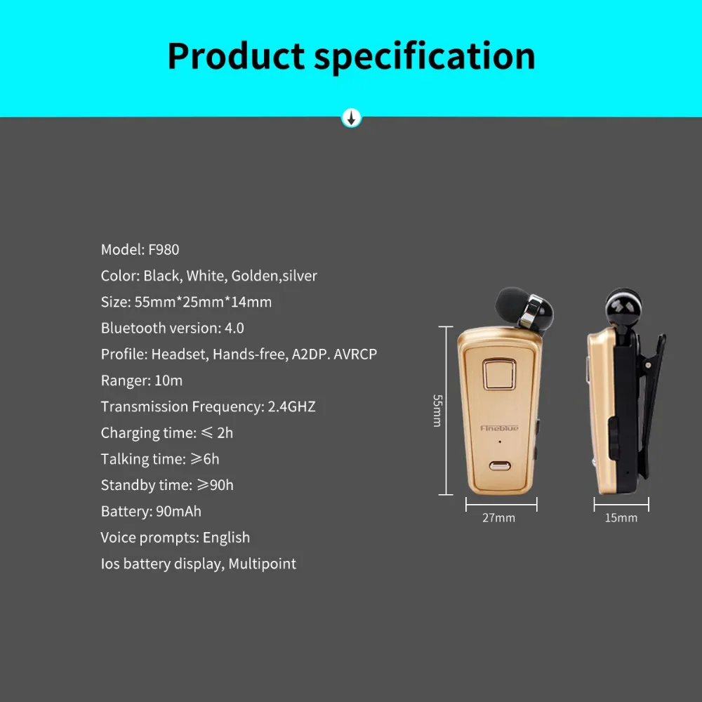 Беспроводная деловая Bluetooth гарнитура Fineblue F980 наушники с телескопическим