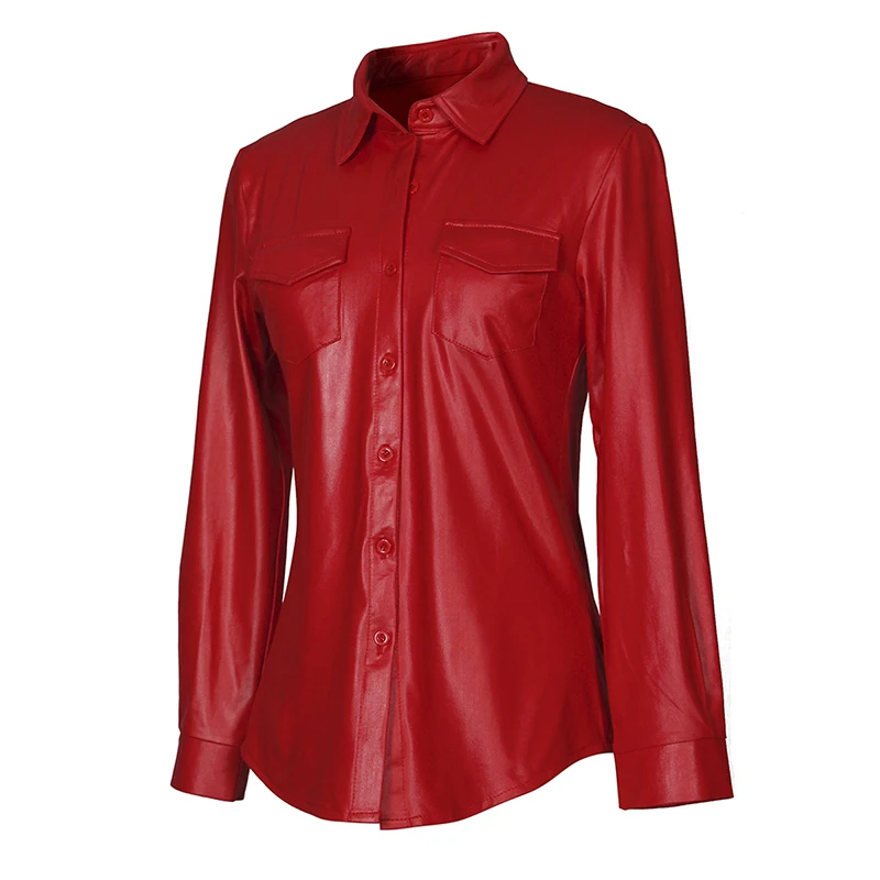 Kostlich Sexy Pu Leather Long Sleeve Blouse Women Shirts Fashion Spring Autumn Women Tops Black Red Ladies Blouses Casual Shirt (23)