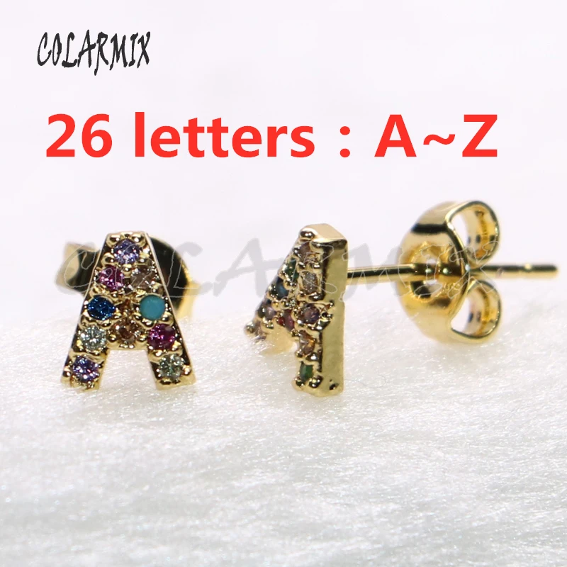 

10pairs small letters stud earrings,rainbow zircon earrings crystal earrings accessories alphabet earring for women jewelry 5427