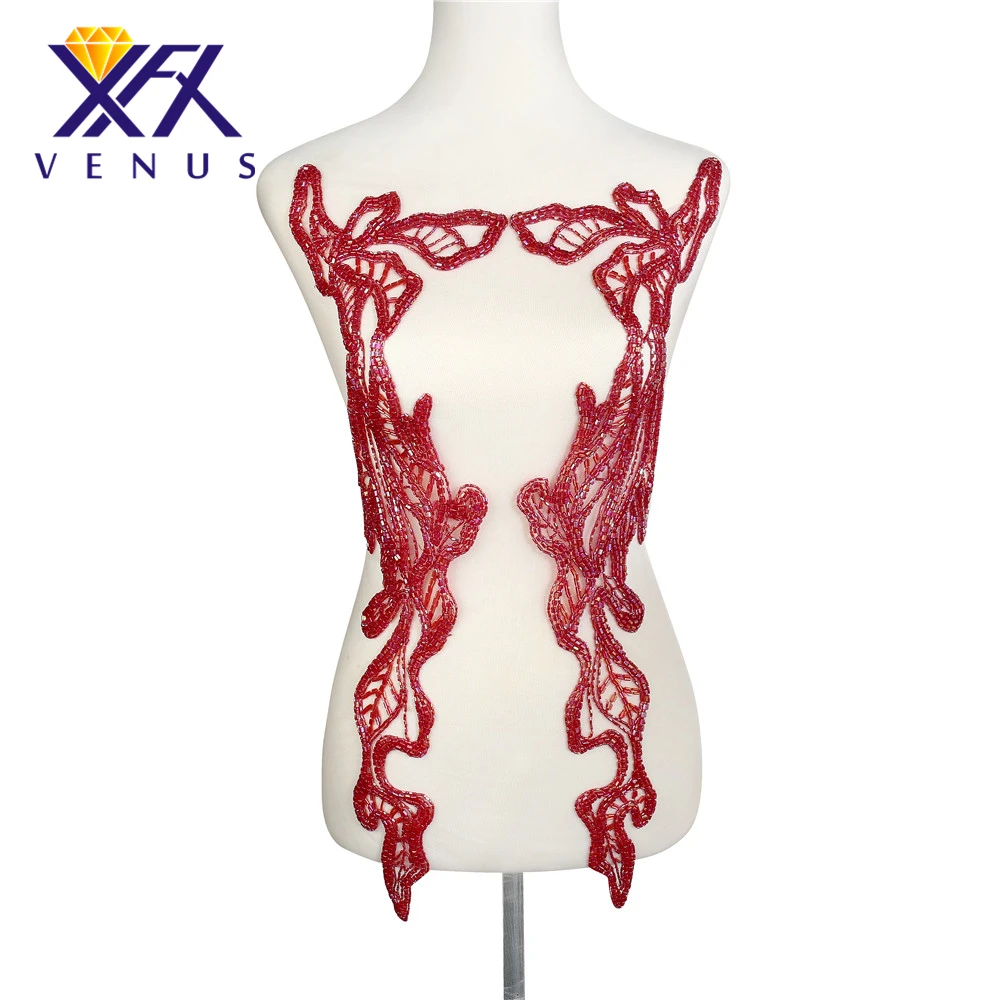 

XINFANGXIU Handsewing Red Patches tubular beads Patches stone beads large beaded patches applique for dress gown decorations