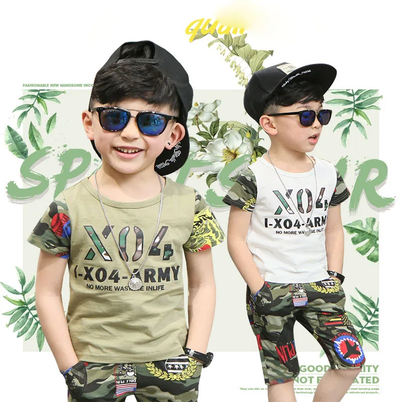 

2017 summer clothes, children's short sleeve clothing, little boy short sleeve T-shirt + shorts, big boy camouflage print suit