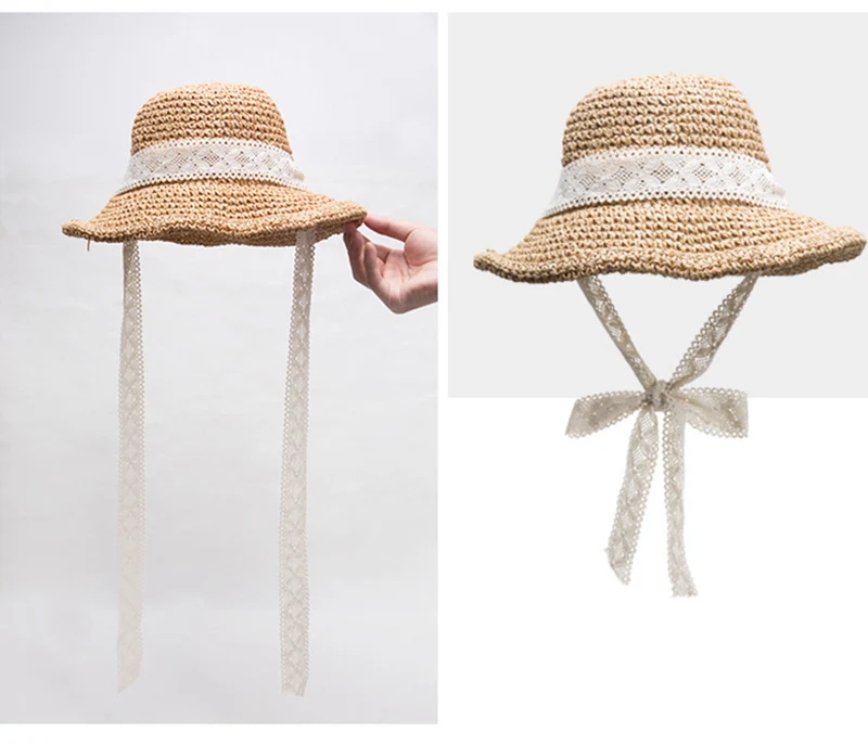 Fashion Women Lace Ribbon Bow Foldable Straw Hat Ladies Wide Brim Floppy Cap Summer Girls Travel Beach Boater Hats CP0262  (12)