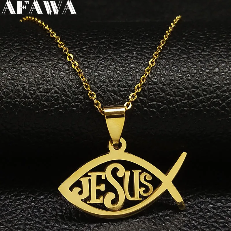 Цепочка из нержавеющей стали Fish Jesus женское ожерелье золотого цвета подвески