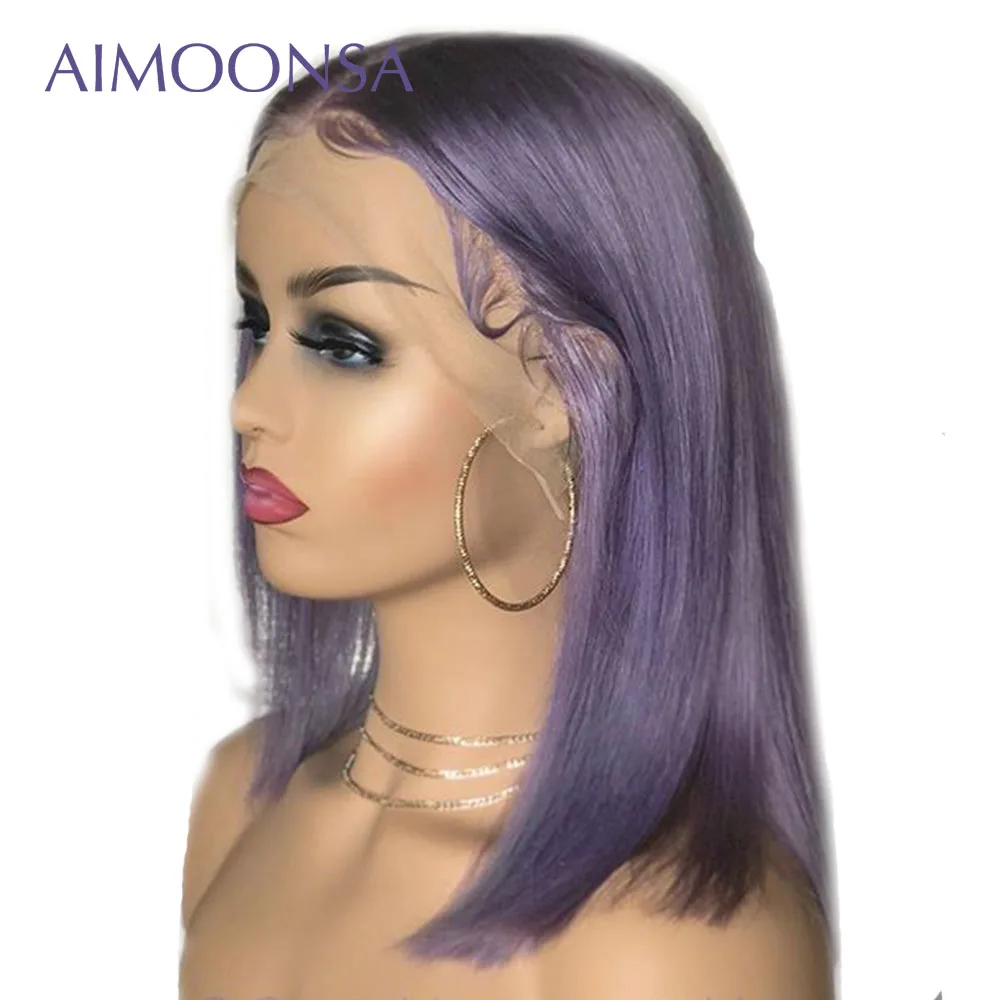 

Purple Wig Colored Short Human Hair Straight Lace Front Wig Ombre Wig Pre Plucked Lace Wig With Baby Hair Bob Remy Aimoonsa