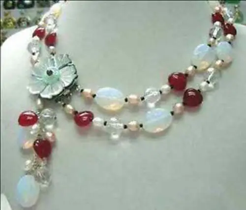 

HOT 001923 Beautiful!2Rows White Pearl Moonstone Red Ruby Necklace