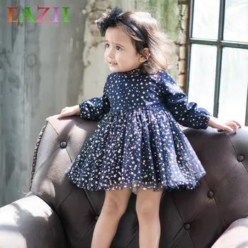 

EAZII Baby Girls dress Princess Star Print Lace Dresses Spring Autumn Long sleve Party Pageant Tutu Dresses 0-4 Yrs Girl Clothes