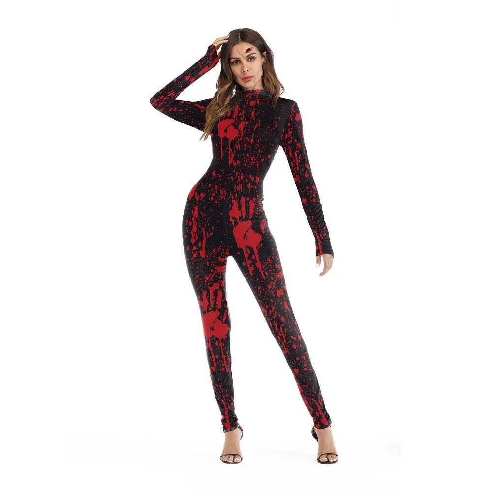 

HGTE Halloween women clothing skeleton black long sleeves zipper jumosuit 2018 autumn winter Halloween party cosplay jumpsuit